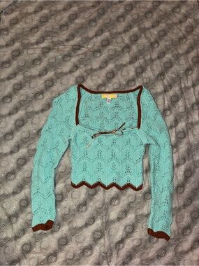 Urban Outfitters Mint Off-the-Shoulder Crochet Sweater with Brown Trim